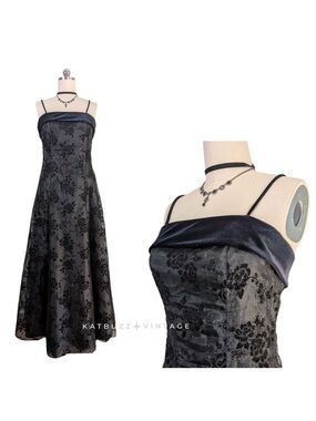 VTG Night Way Prom Dress Maxi Gown Black 6 90s Y2K Goth Whimsigoth Velvet Floral